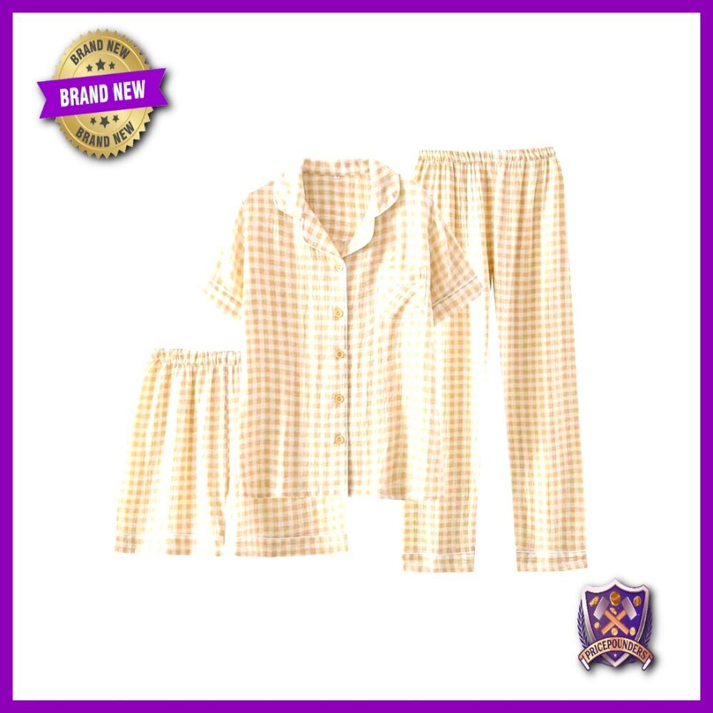 Cotton Pajama Set 3-Piece Short Sleeve Button Down Lounge Sleepwear